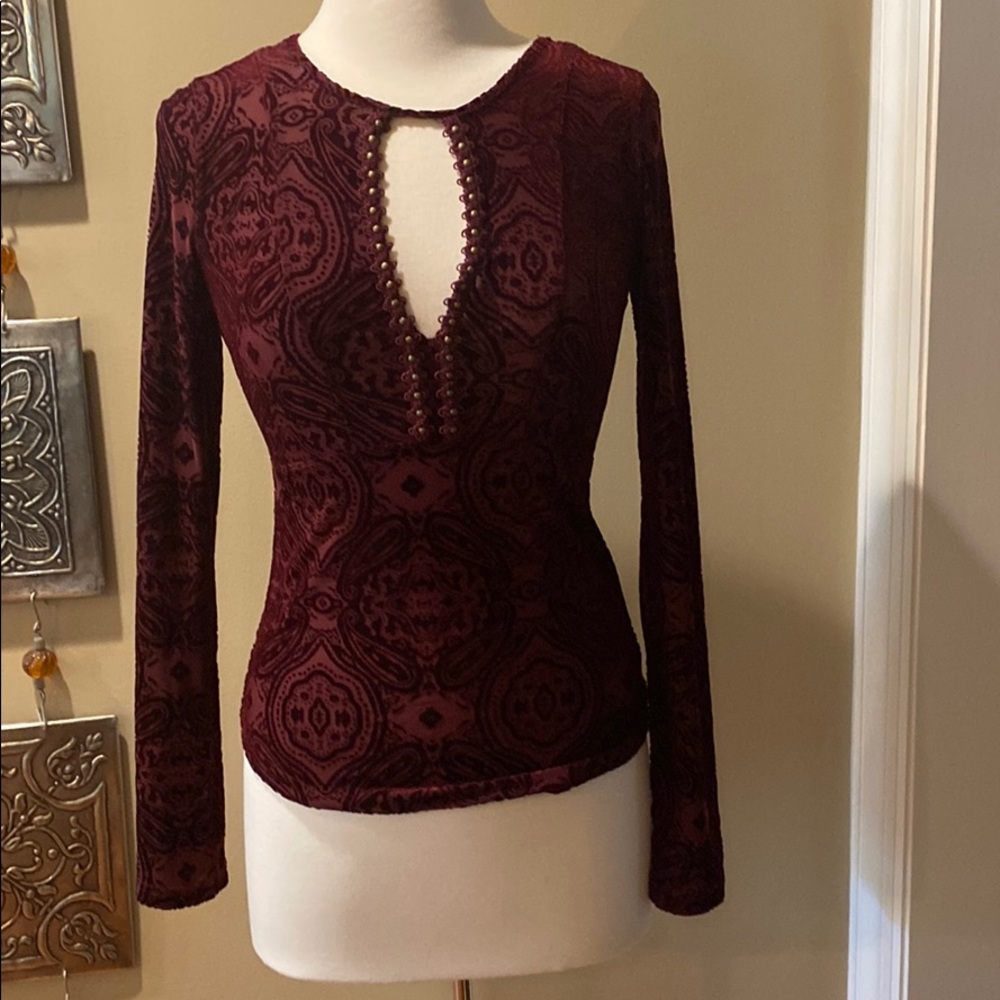Maroon Free People Velvet Long Sleeve Top Size S